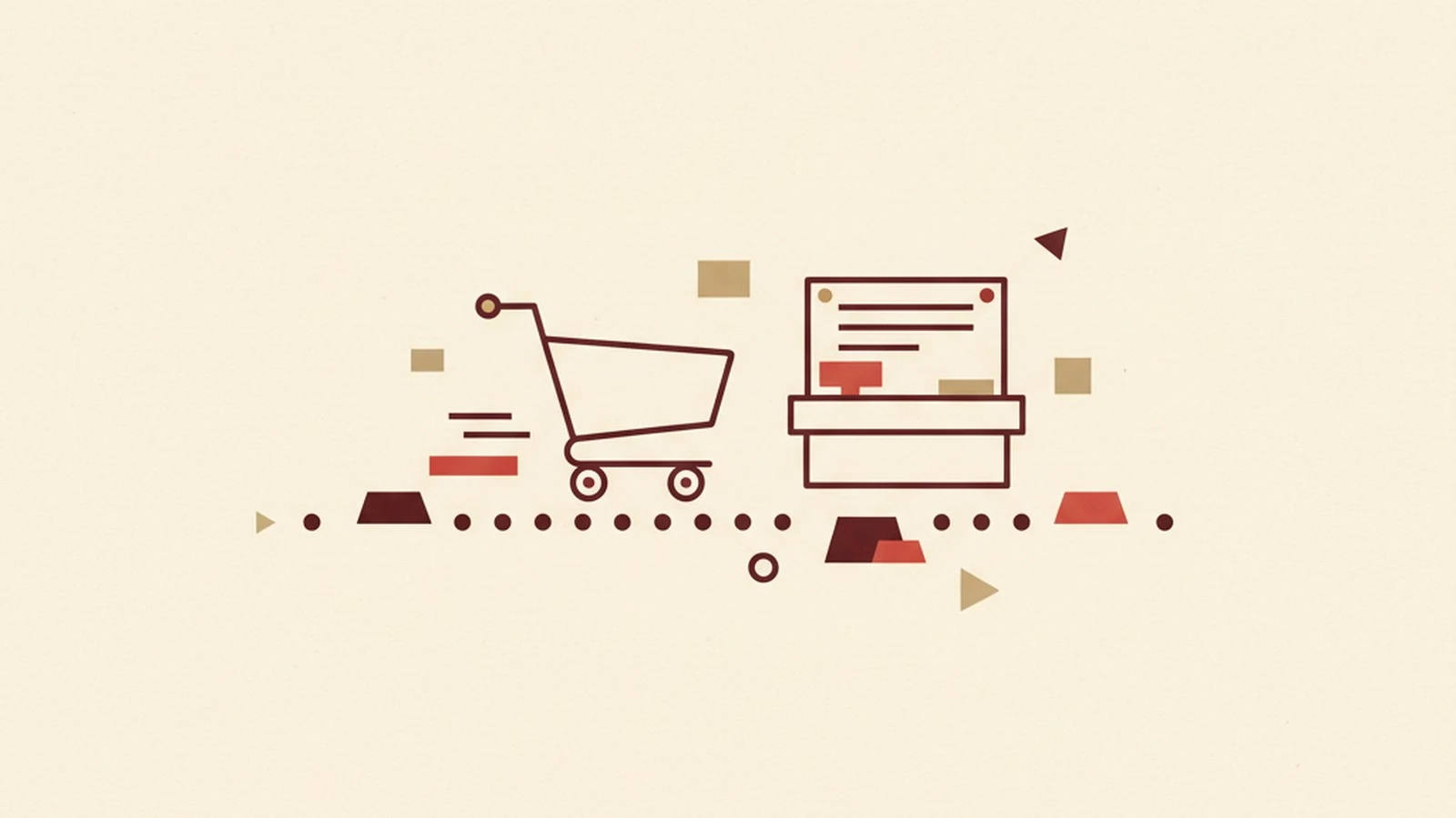 Editorial illustration in oxblood and cream of a shopping cart stalled partway along a checkout progress bar