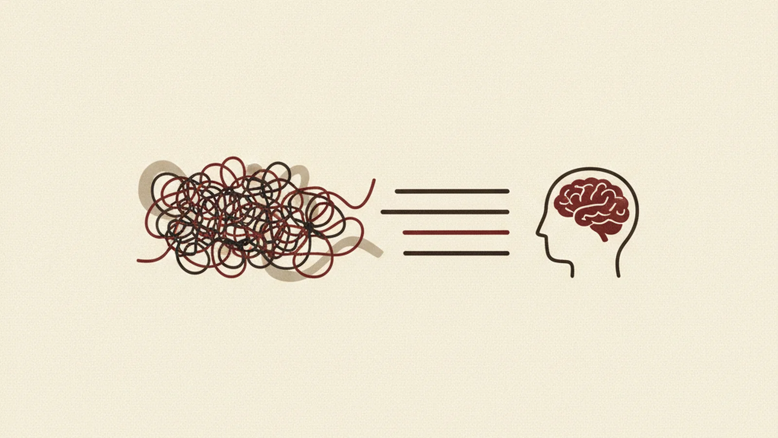 Illustration of a tangled knot of lines unraveling into short clean lines beside a simple head outline icon