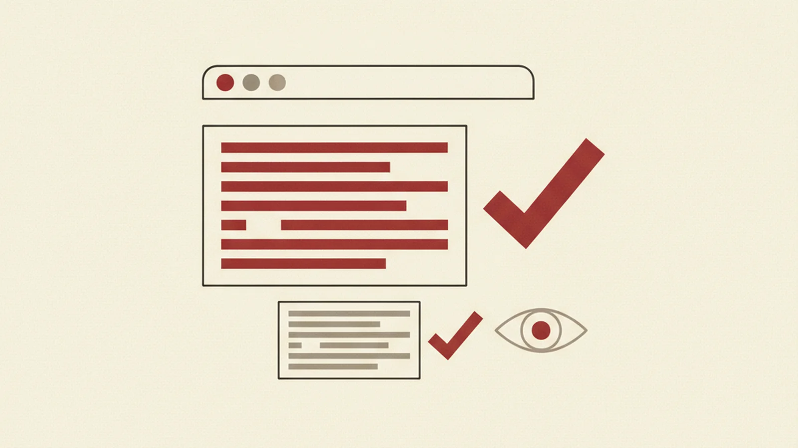 An oxblood and cream editorial illustration of two text samples, one bold and large and one thin and small, both marked with a passing checkmark despite looking visibly different in legibility.