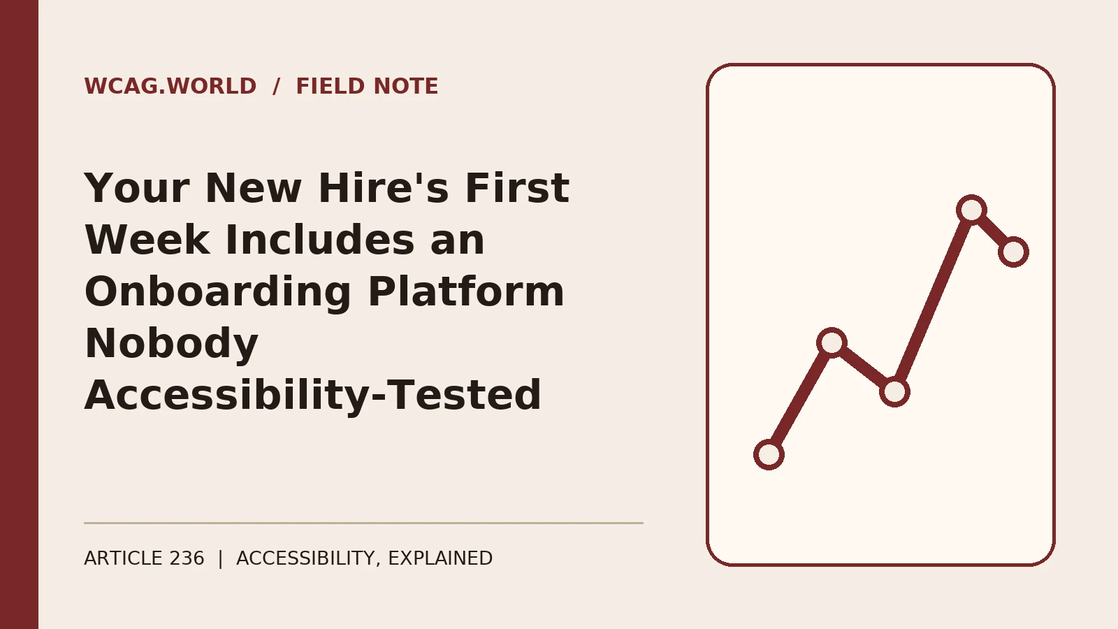 An oxblood and cream editorial illustration of a new-hire welcome screen with a multi-step progress bar, one step icon showing a broken form field.