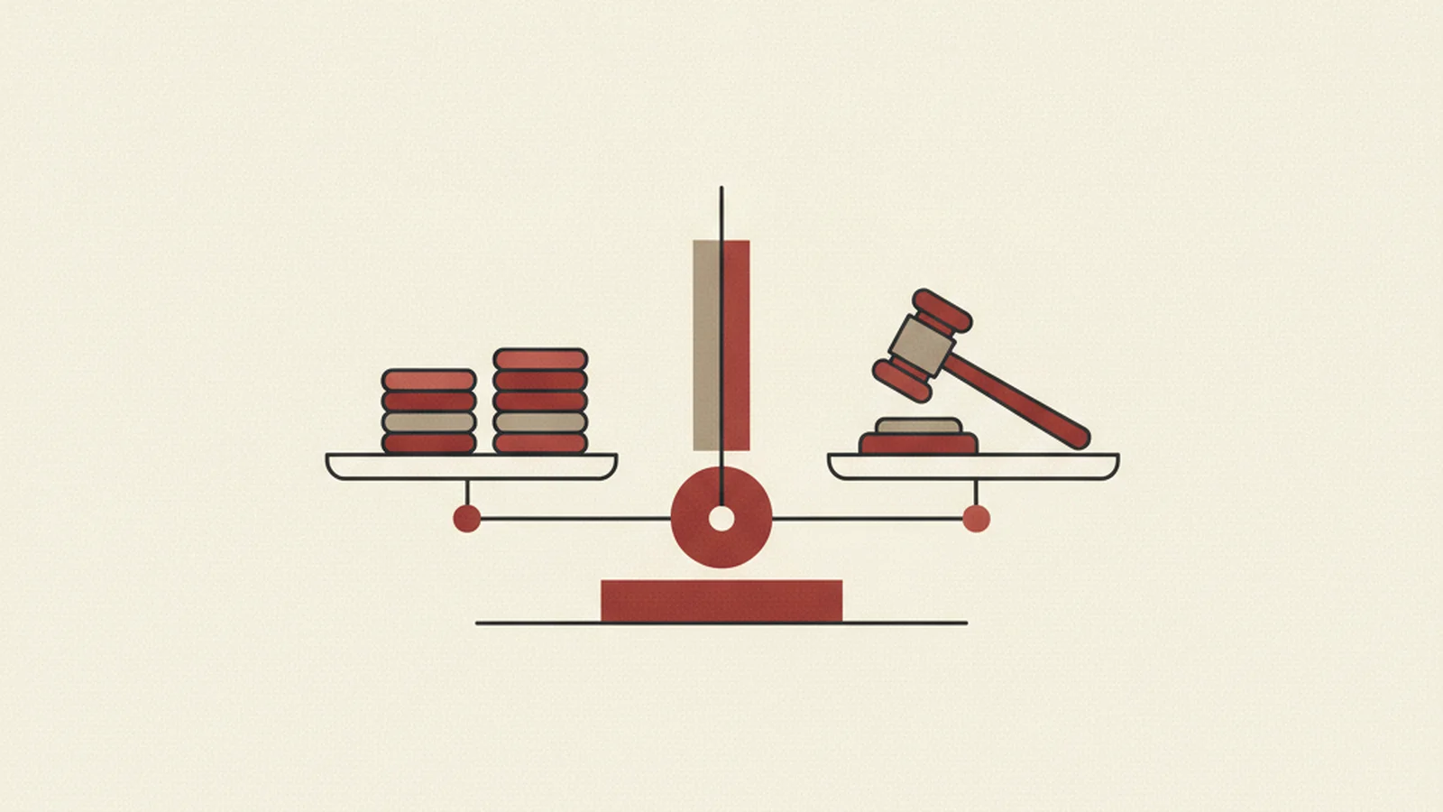 Illustration of a balance scale with a stack of coins on one side and a gavel on the other