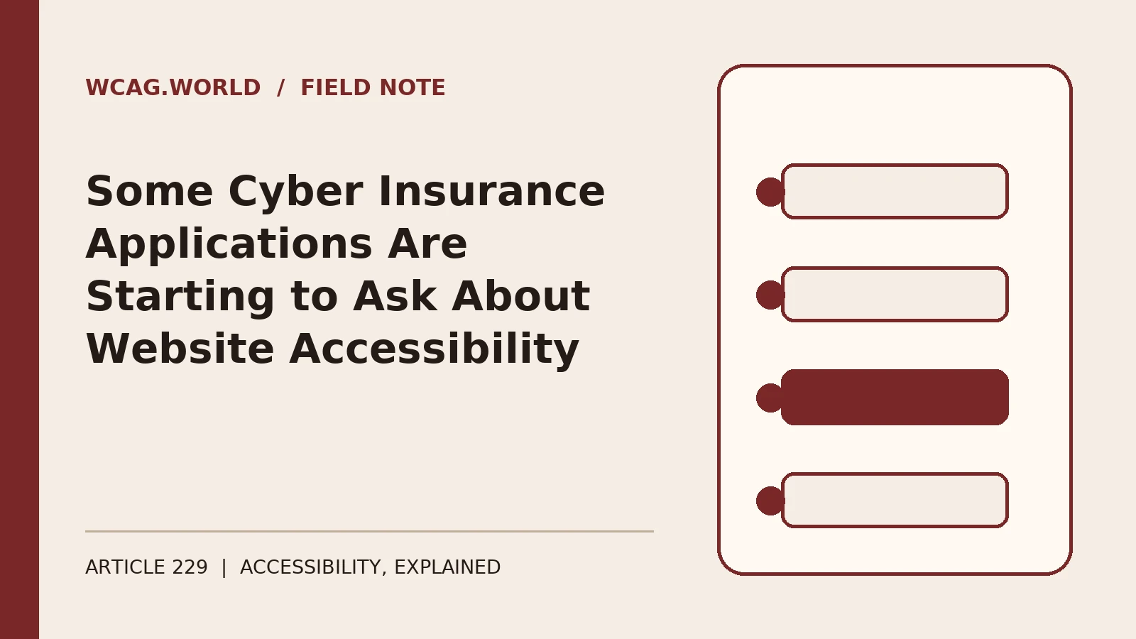 An oxblood and cream editorial illustration of an insurance policy document with a checkbox question about website accessibility, beside a shield icon.
