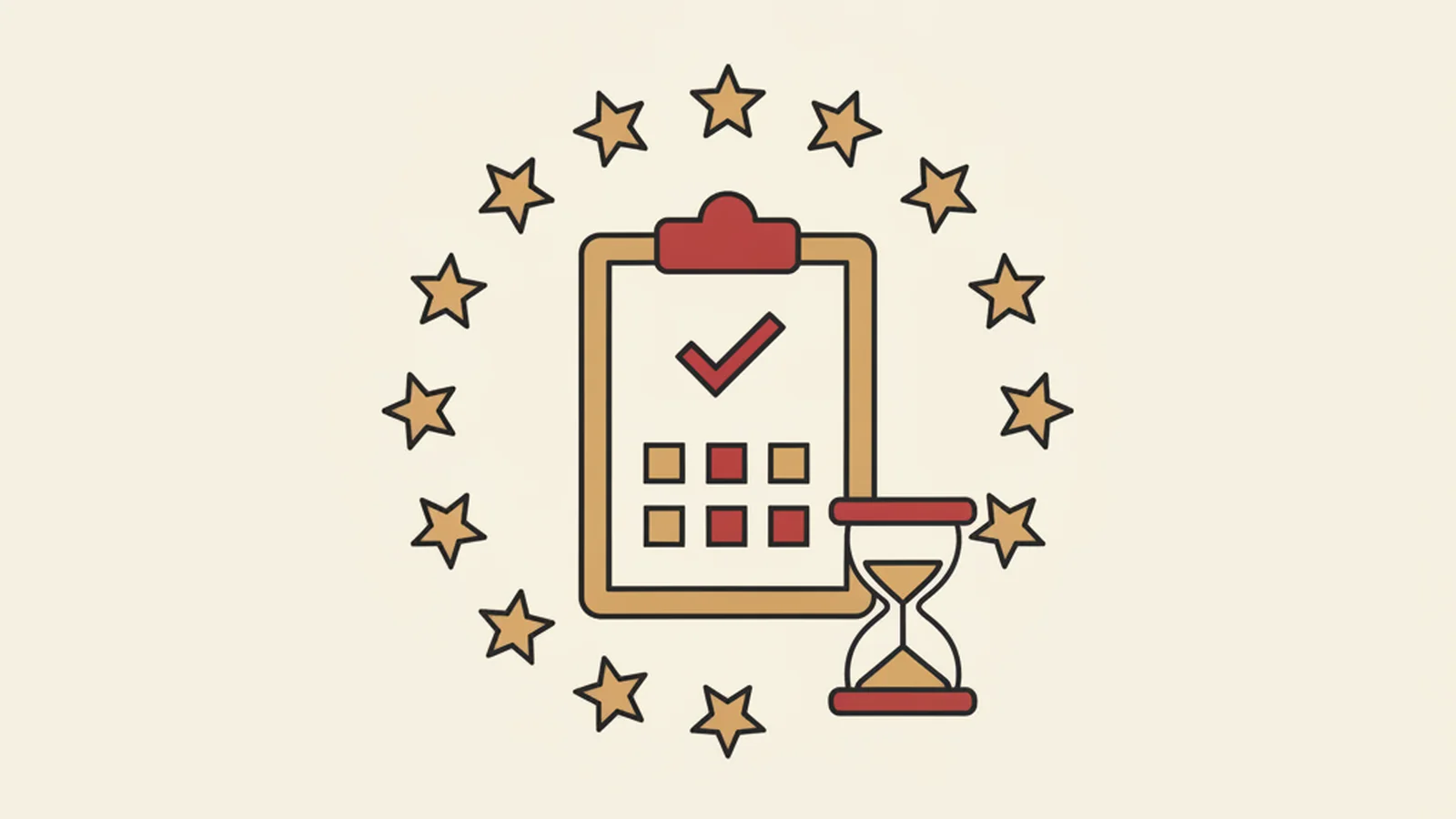 Illustration of a checklist clipboard and hourglass surrounded by a ring of small stars