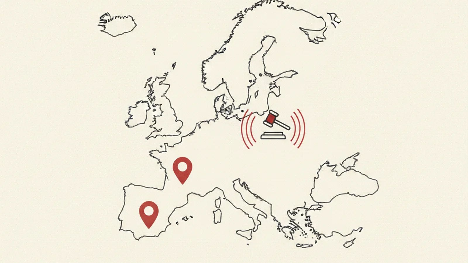 An oxblood and cream editorial illustration of an outline map of Europe with three dot markers, one larger and pulsing above a small gavel icon.