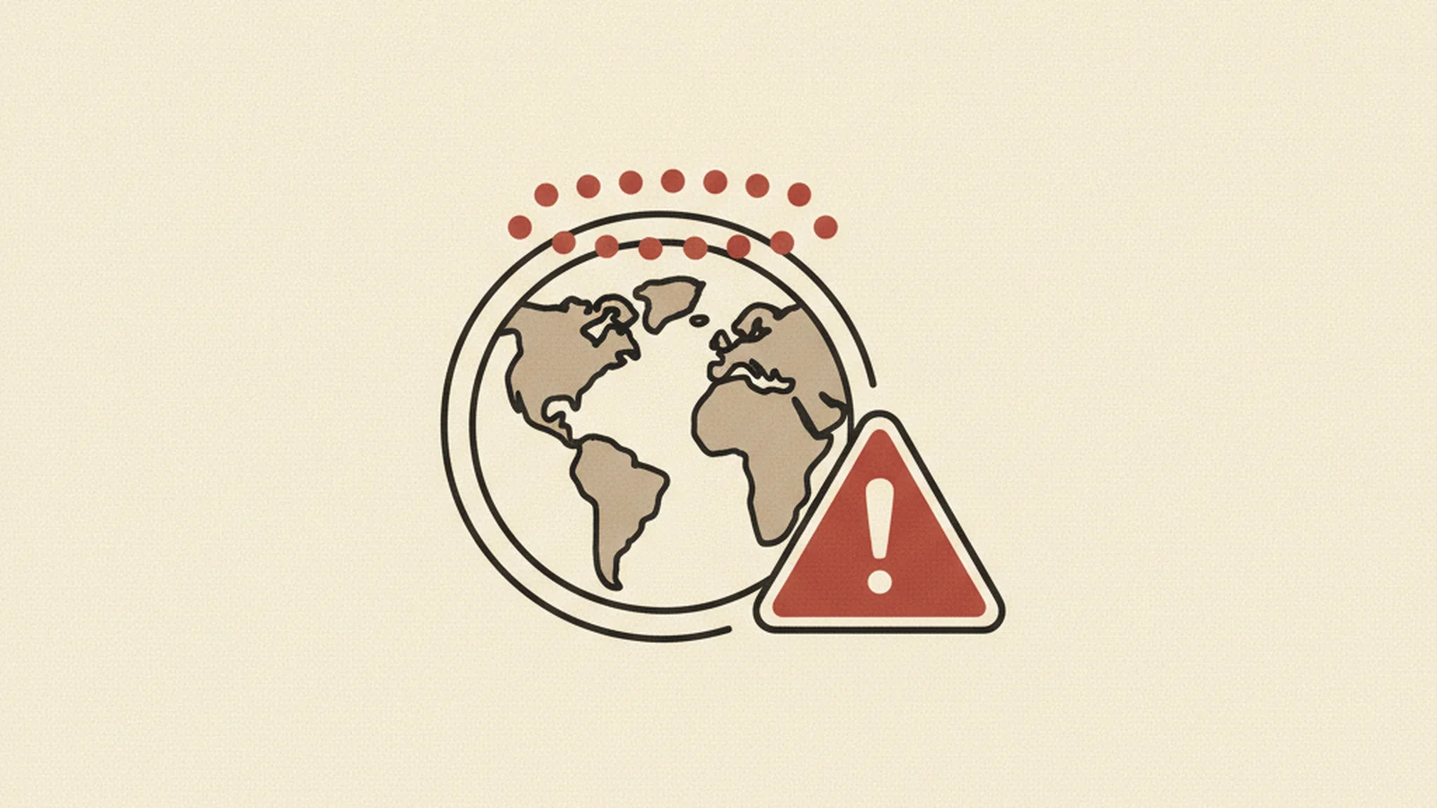 Illustration of a ring of dots above a globe icon with a warning triangle beside them