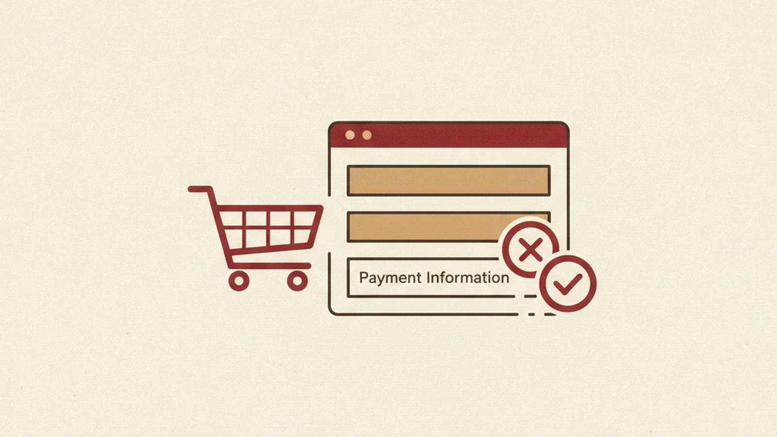 Illustration of a shopping cart approaching a checkout form where an error badge fades into a checkmark