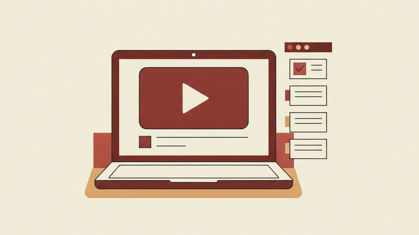 An oxblood and cream editorial illustration of a laptop showing a course player interface with a caption toggle and a checklist strip of four items.