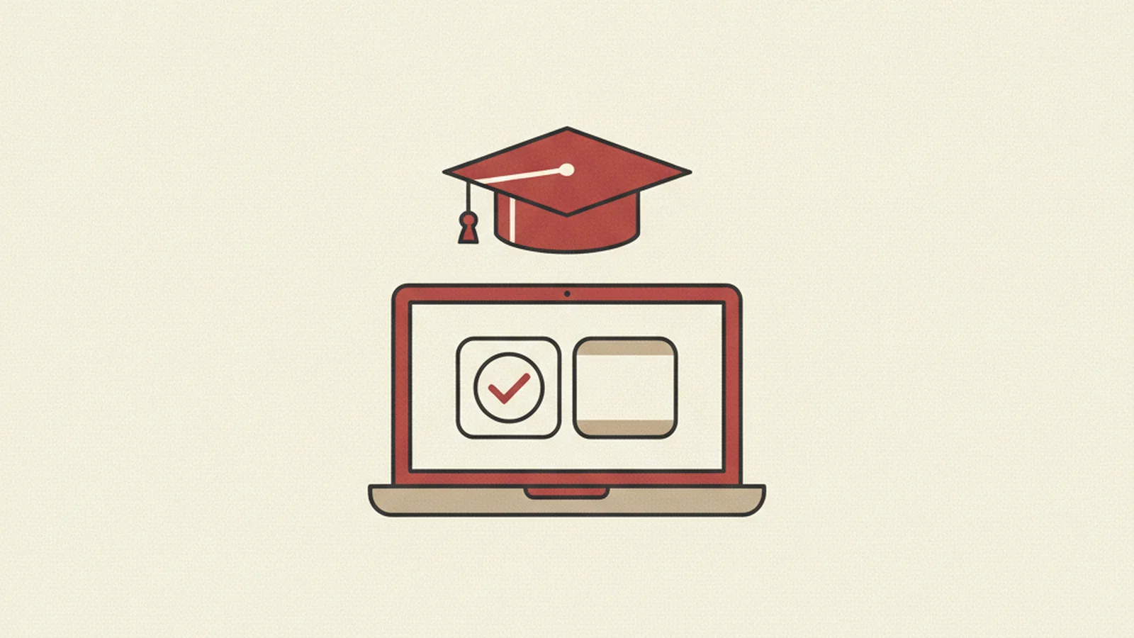 Illustration of a graduation cap above a laptop screen showing a portal layout with a checkmark