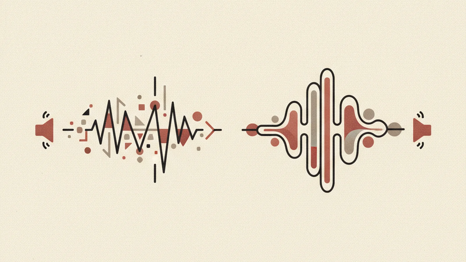 Illustration contrasting a jagged robotic sound wave with a smooth rounded sound wave, each from a speaker icon