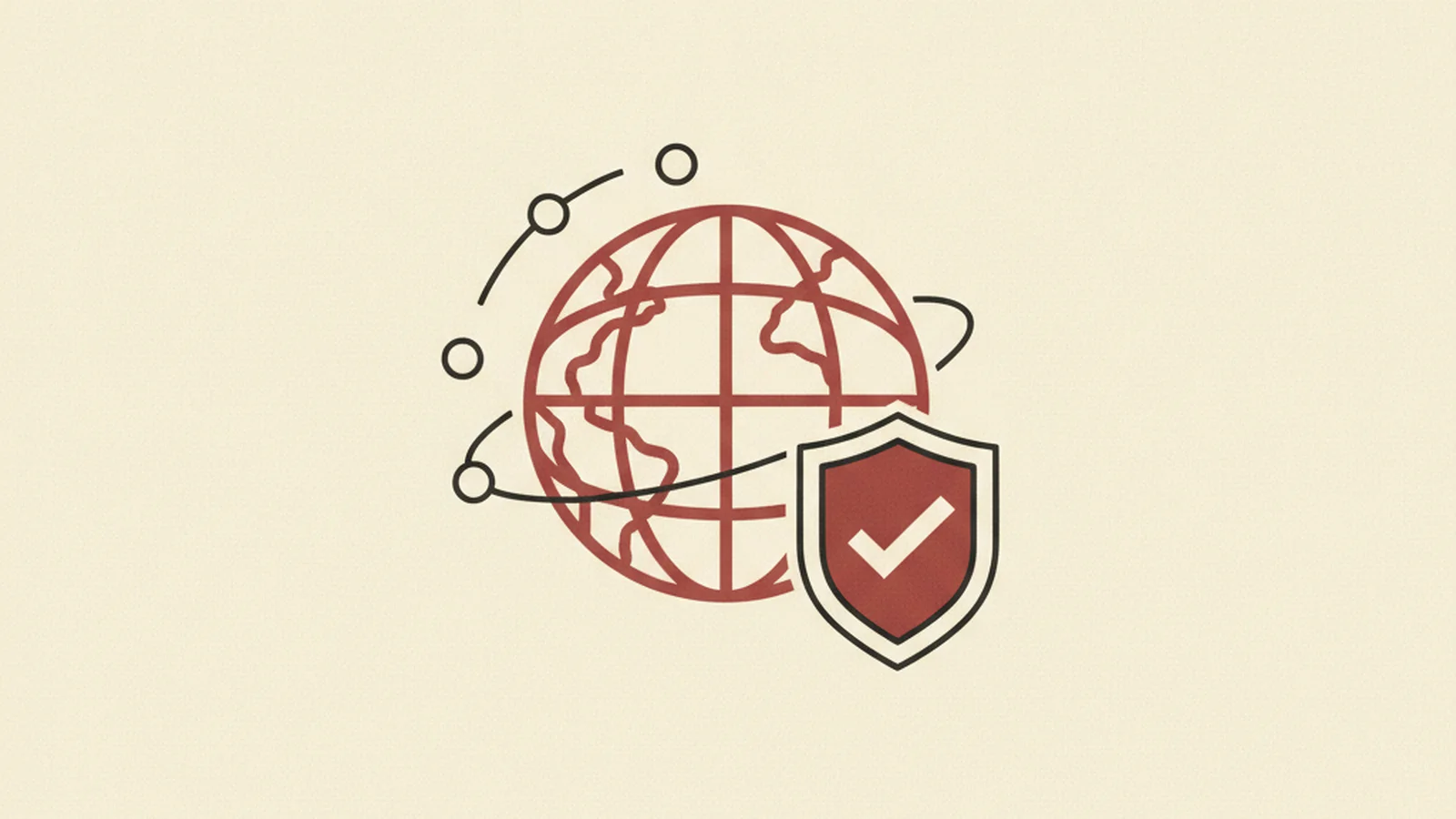 Illustration of a globe with a ring of orbiting dots and a shield-checkmark badge attached to it