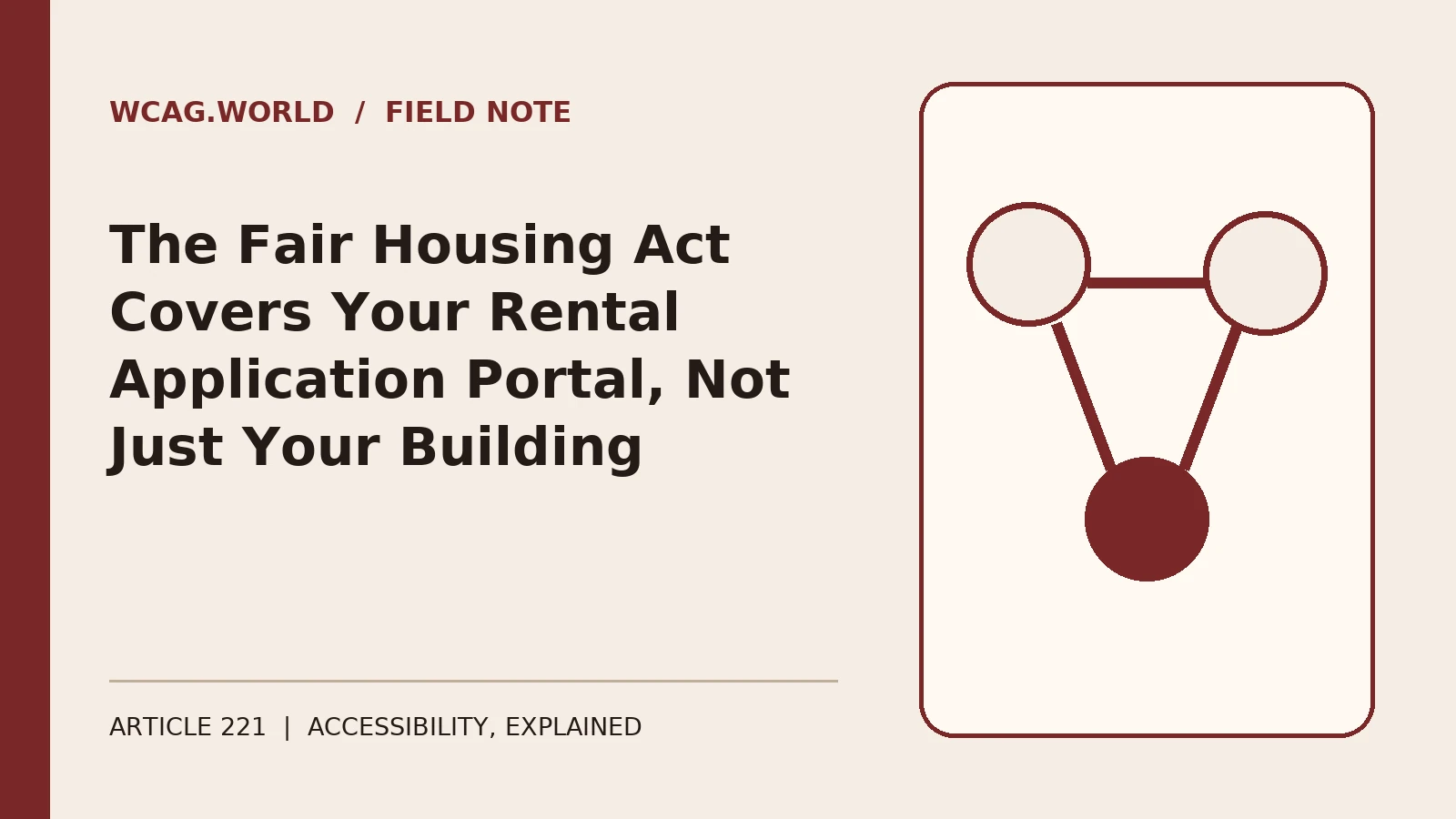 An oxblood and cream editorial illustration of an apartment building outline beside a rental application form on a screen, with one form field highlighted in a focus outline.