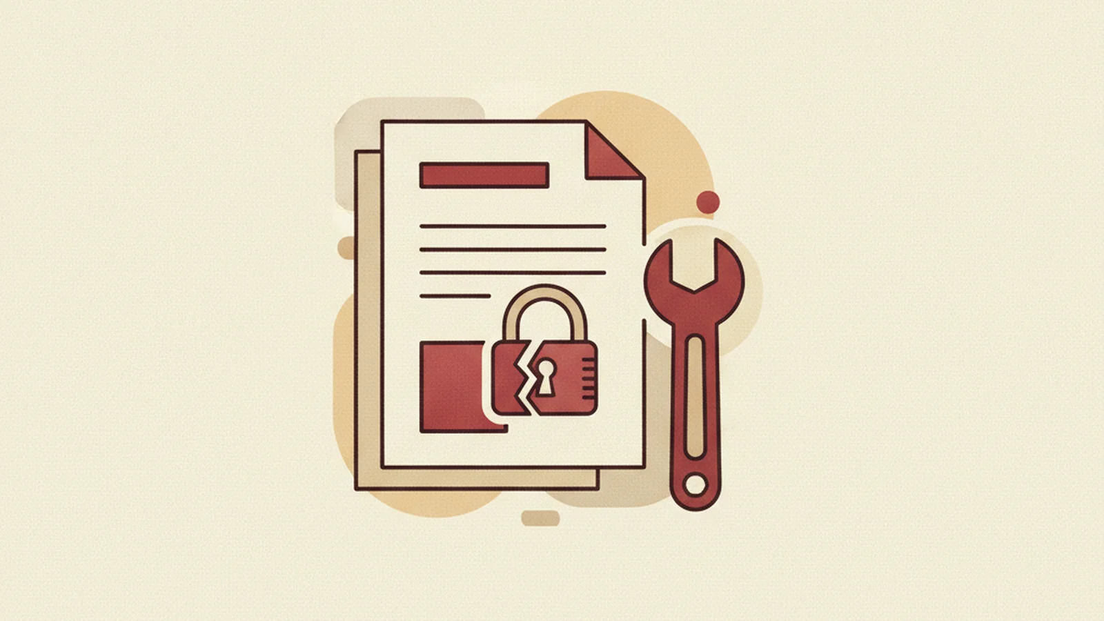Oxblood and cream editorial illustration of a document being checked off as accessible, paired with a discarded price tag