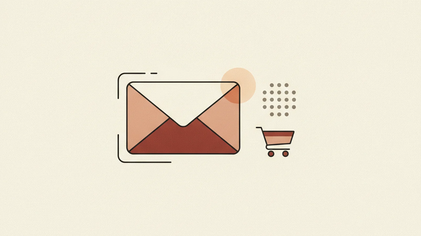 Illustration of an urgent envelope beside a small ring-of-dots motif and a shopping cart icon