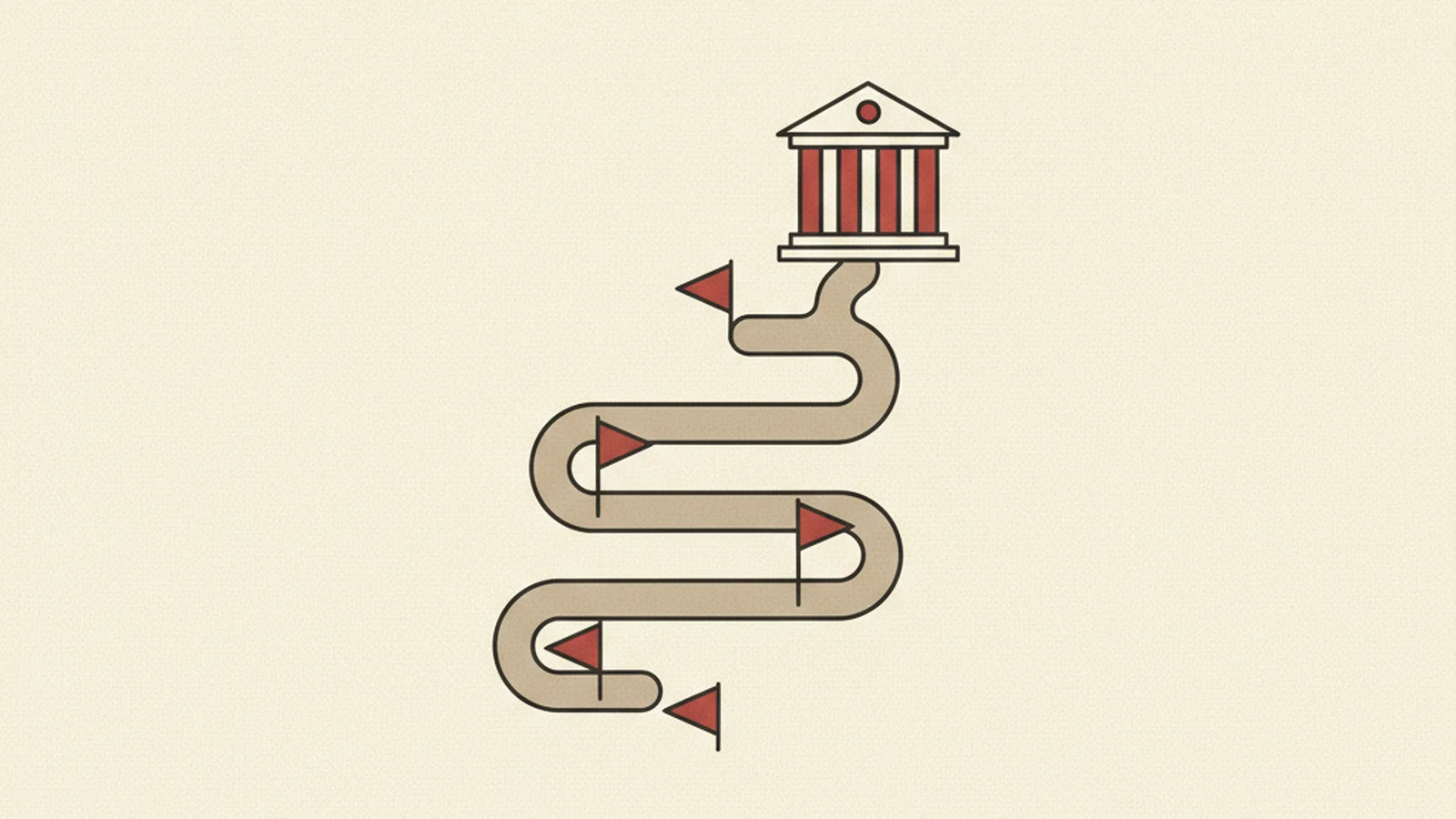Illustration of a winding path with flag markers leading to a columned government building