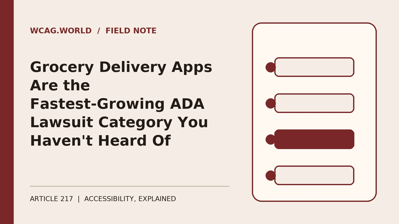 An oxblood and cream editorial illustration of a grocery delivery app interface with a shopping cart icon and a delivery time slot grid, one slot marked with a focus outline.