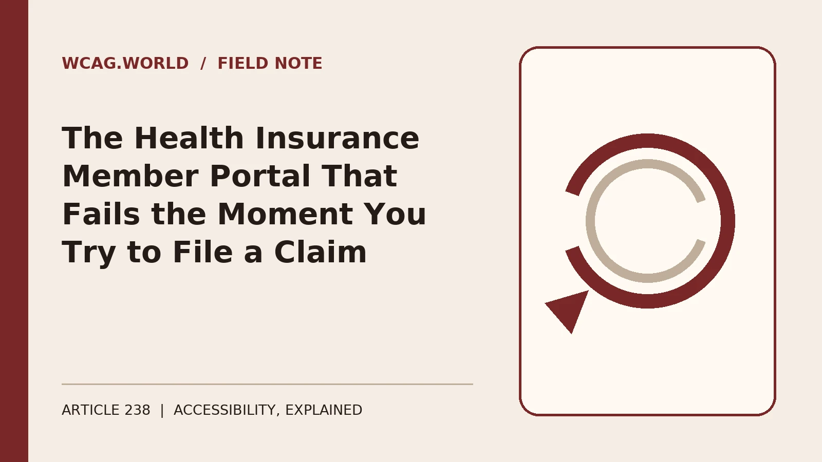 An oxblood and cream editorial illustration of a health insurance claim form with a document upload icon and a status field, one field marked with a broken focus outline.