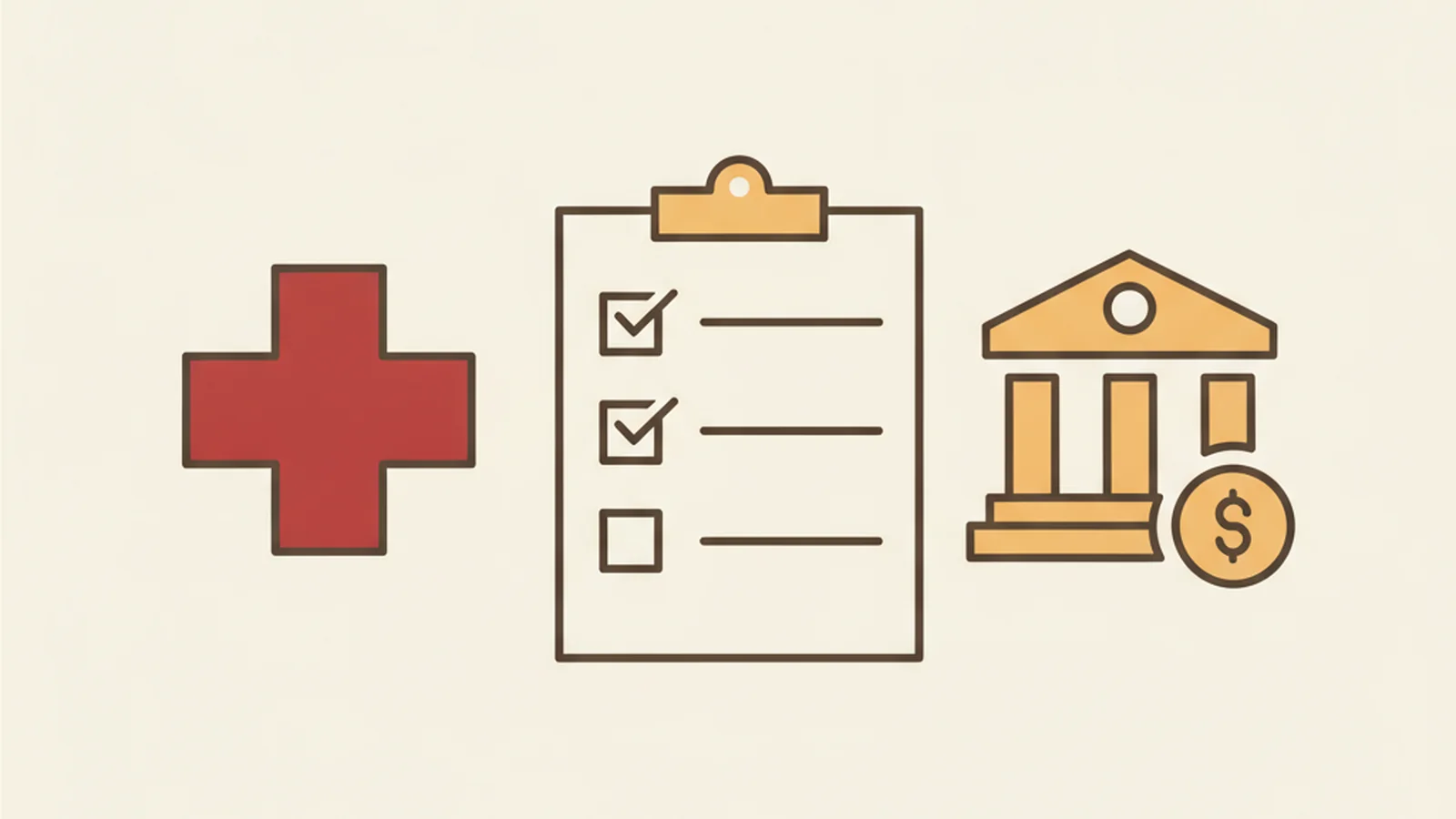 Illustration of a medical cross icon and a bank/finance icon on either side of a shared checklist, in an oxblood and cream editorial style