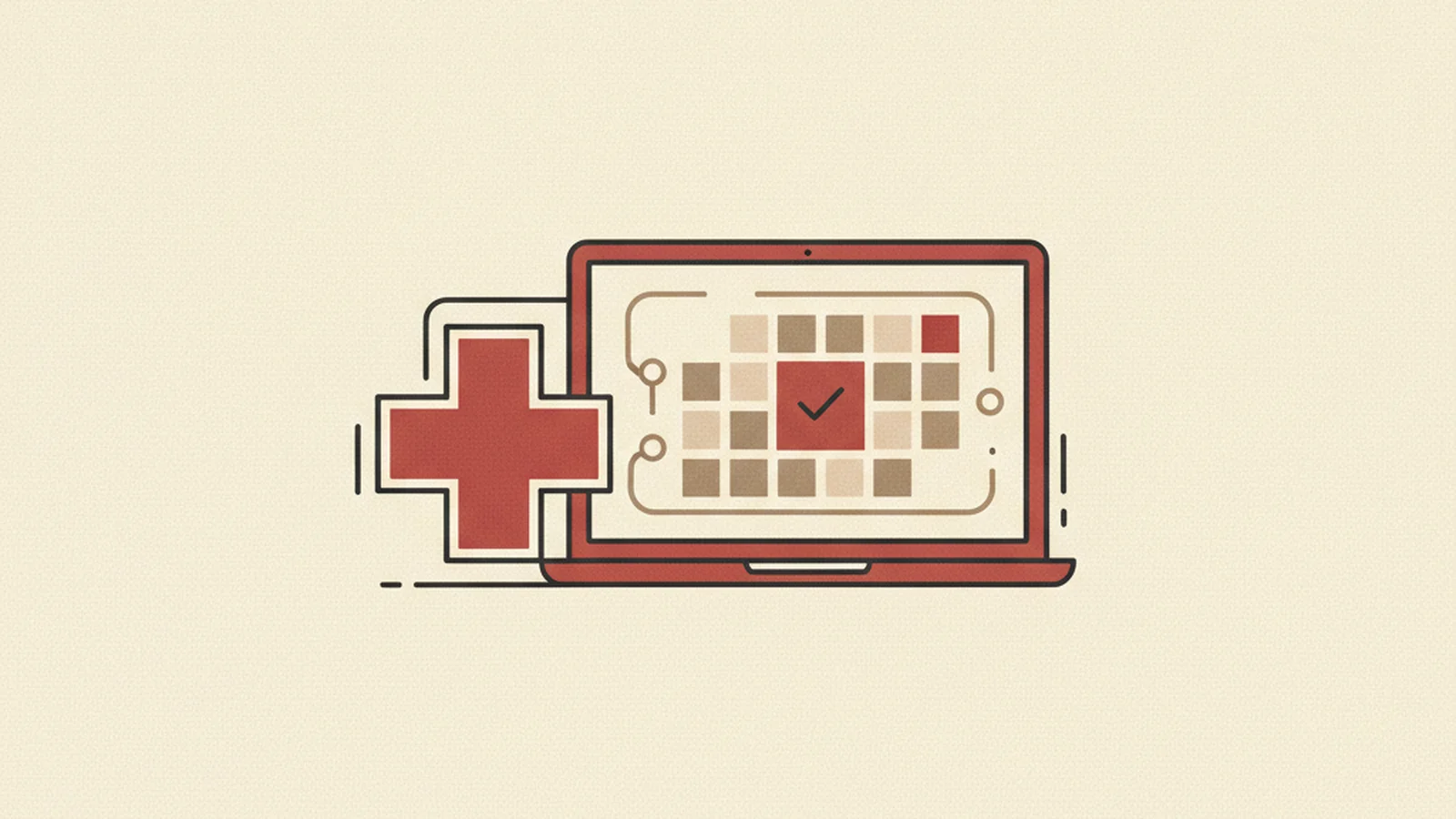 Illustration of a medical cross icon beside a laptop screen showing an appointment calendar with a checkmark