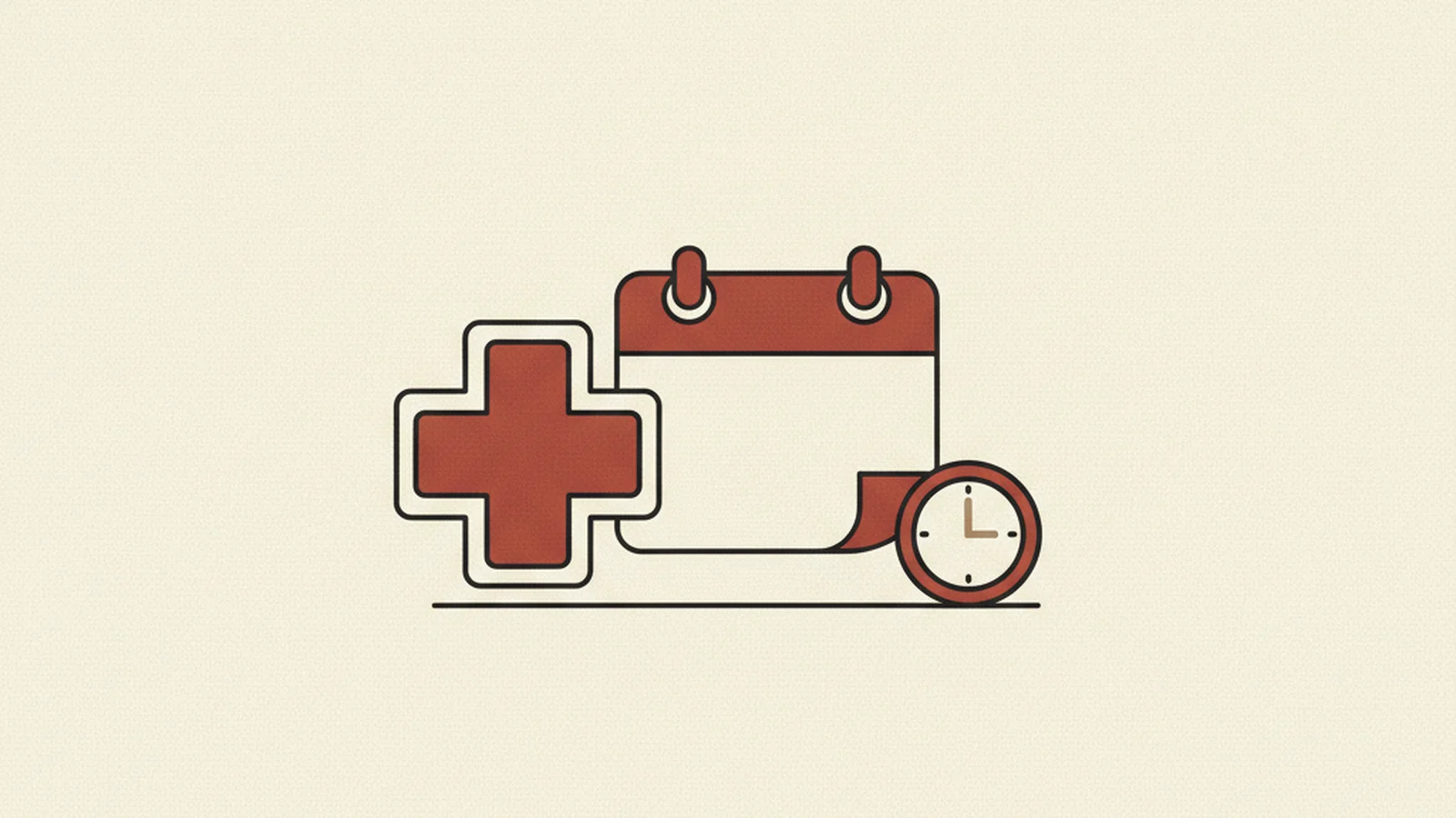 Illustration of a medical cross beside a calendar page being pushed forward and a clock icon