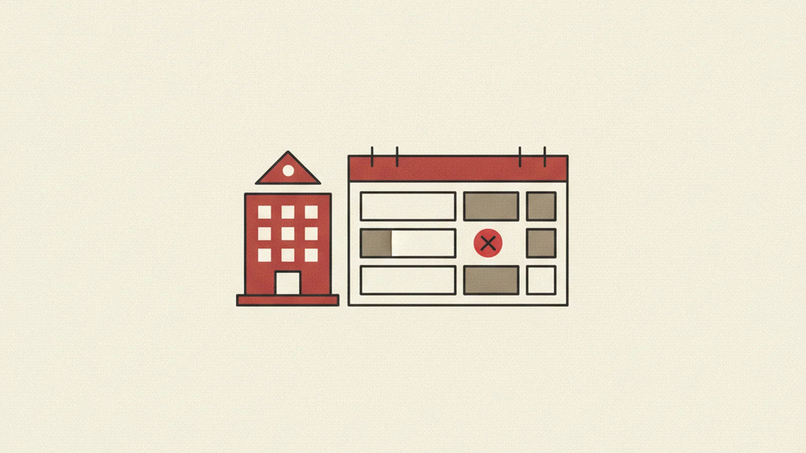 Illustration of a hotel building beside a booking calendar form with a small error badge on one field