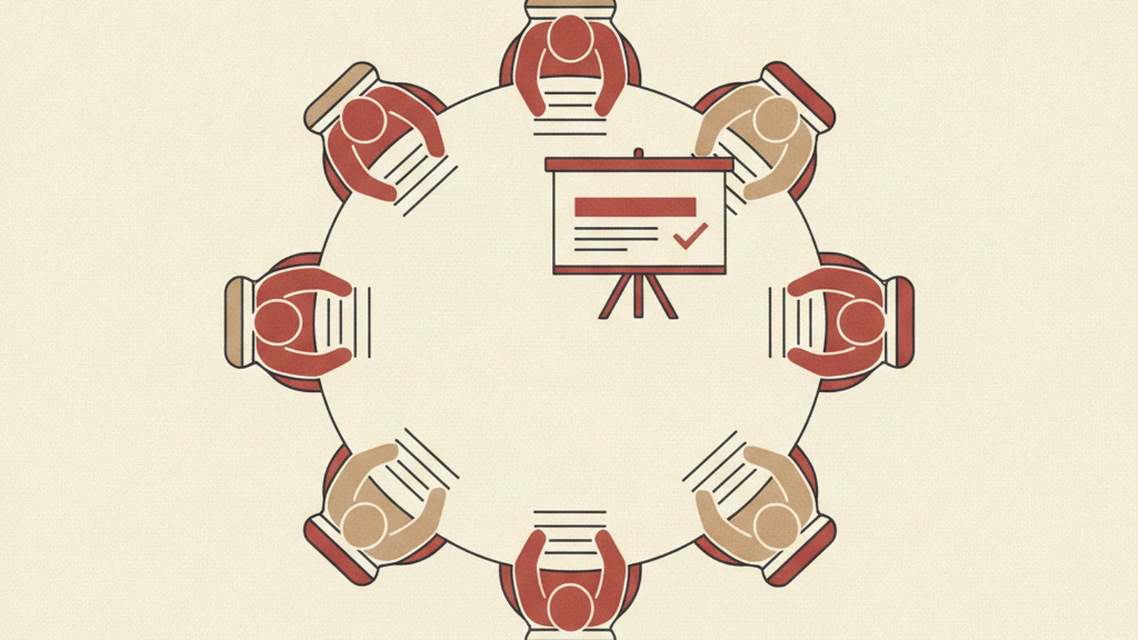 Illustration of a meeting table with a single slide showing a calendar deadline and a market-size icon, in an oxblood and cream editorial style
