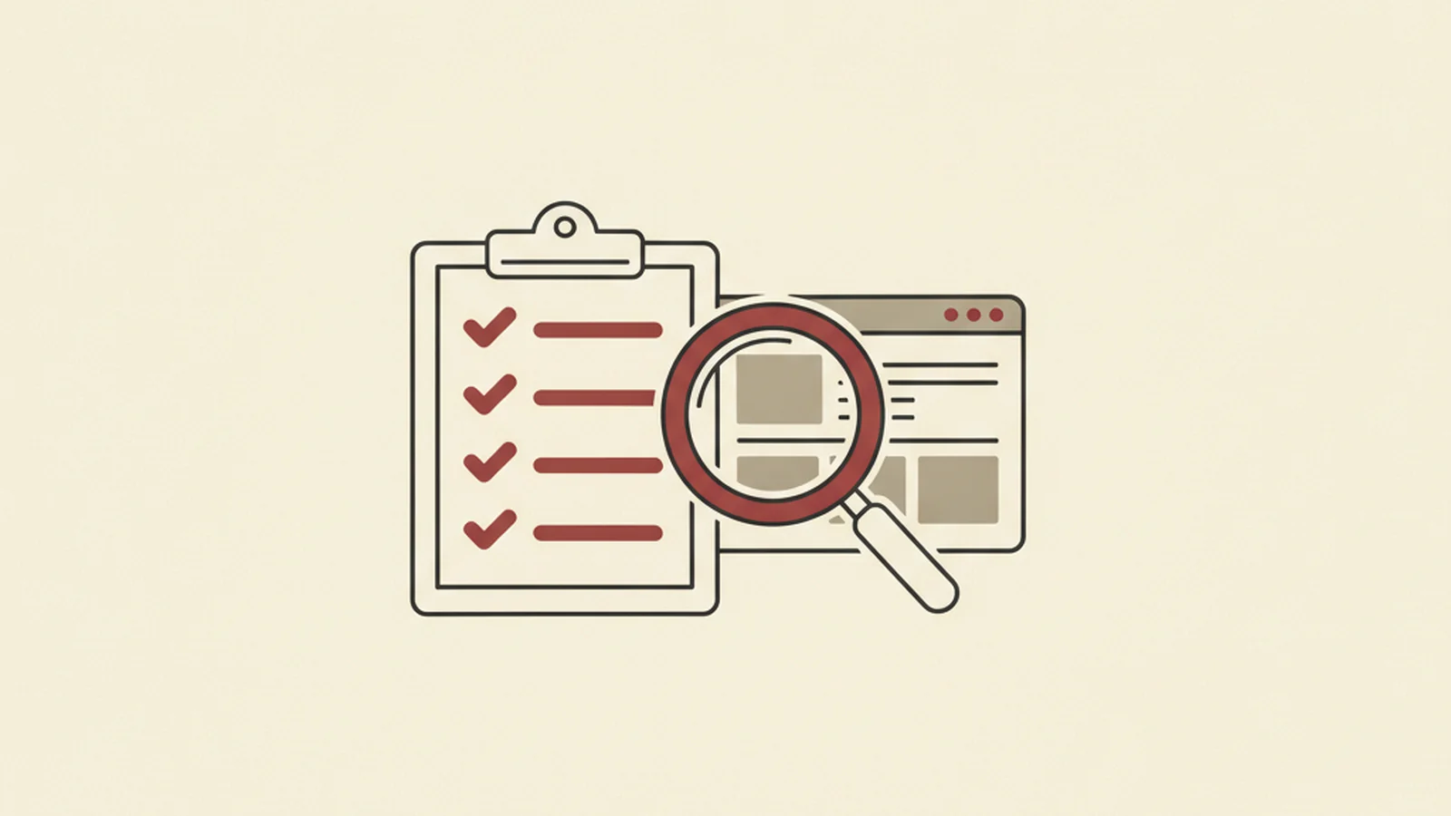 Illustration of a clipboard with three checkmark rows and a magnifying glass over a webpage layout icon