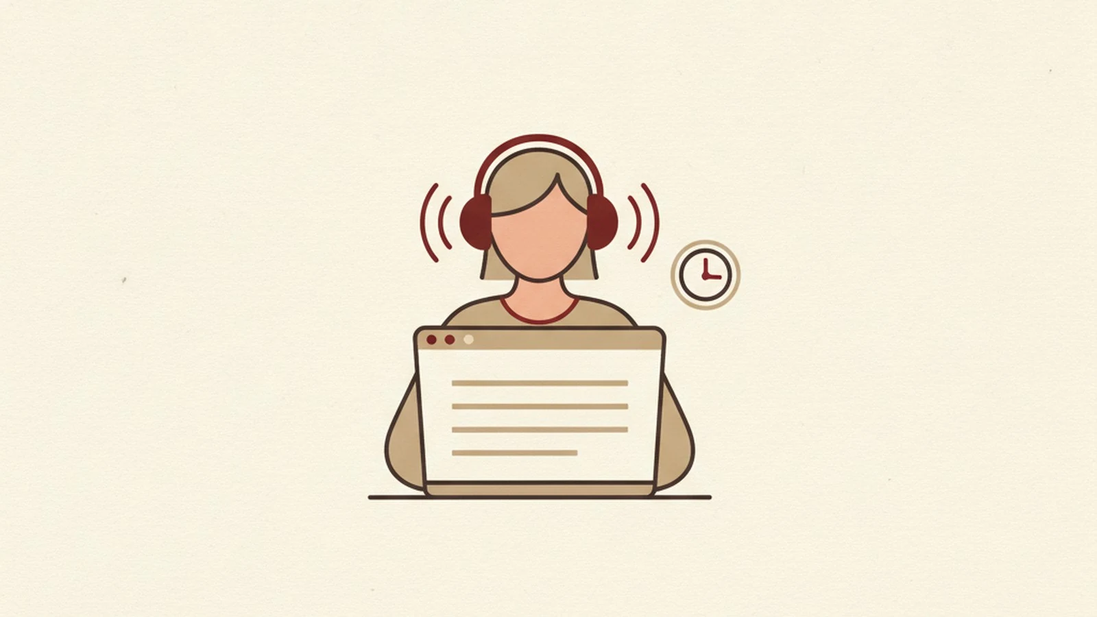Oxblood and cream editorial illustration of a hand turning on a screen reader toggle beside a glowing website outline