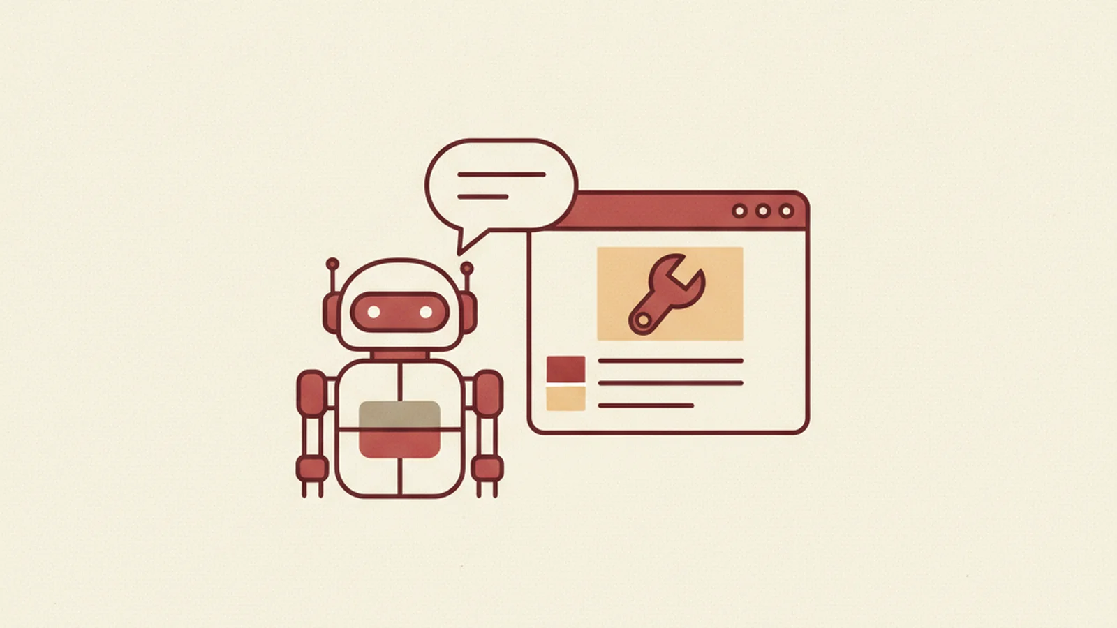 Illustration of a chat interface patching a line of broken code on one side, with a human checkmark reviewing it on the other, in an oxblood and cream editorial style