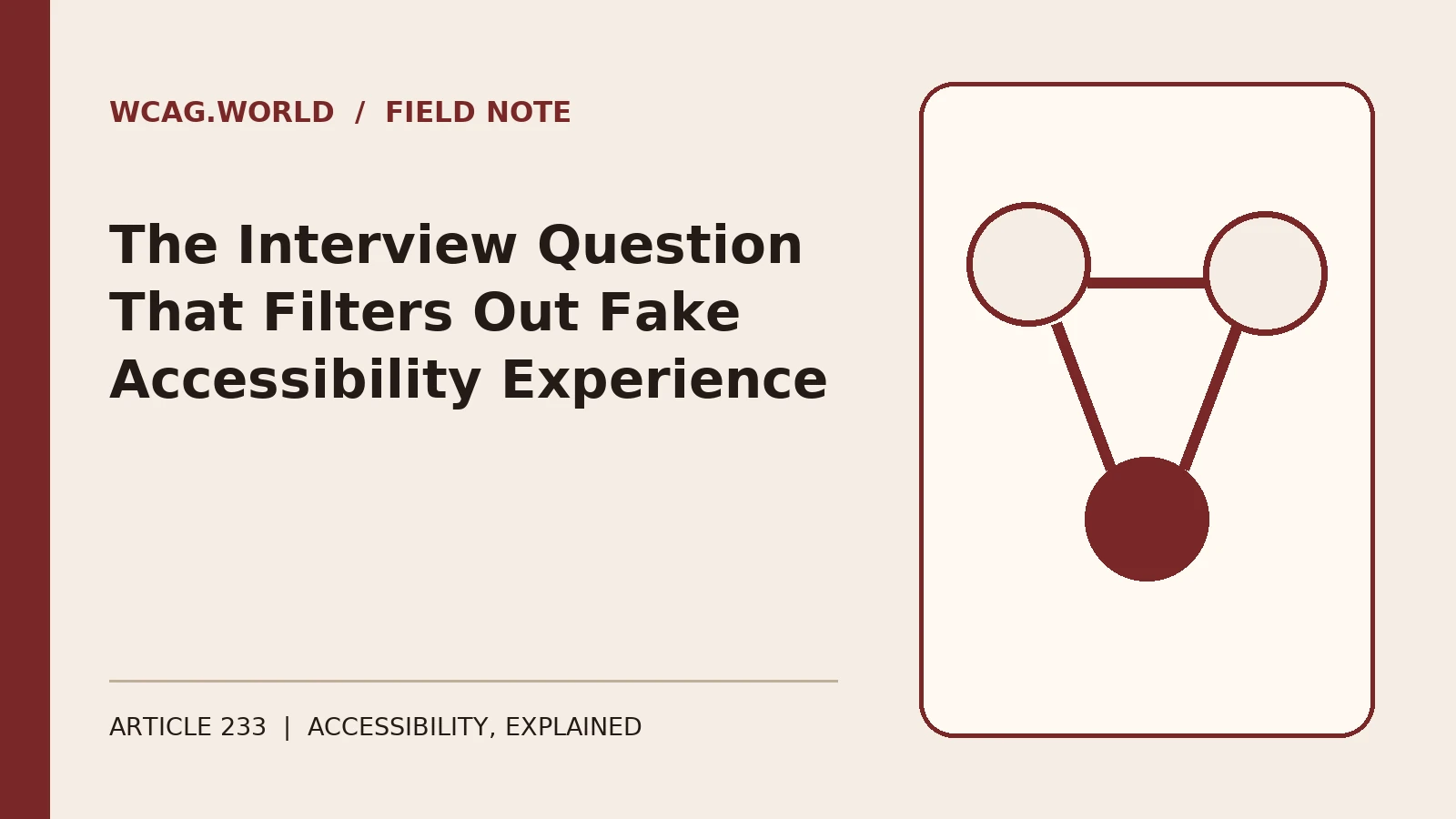 An oxblood and cream editorial illustration of two resumes side by side, one with a magnifying glass over an accessibility skill line and a question mark.
