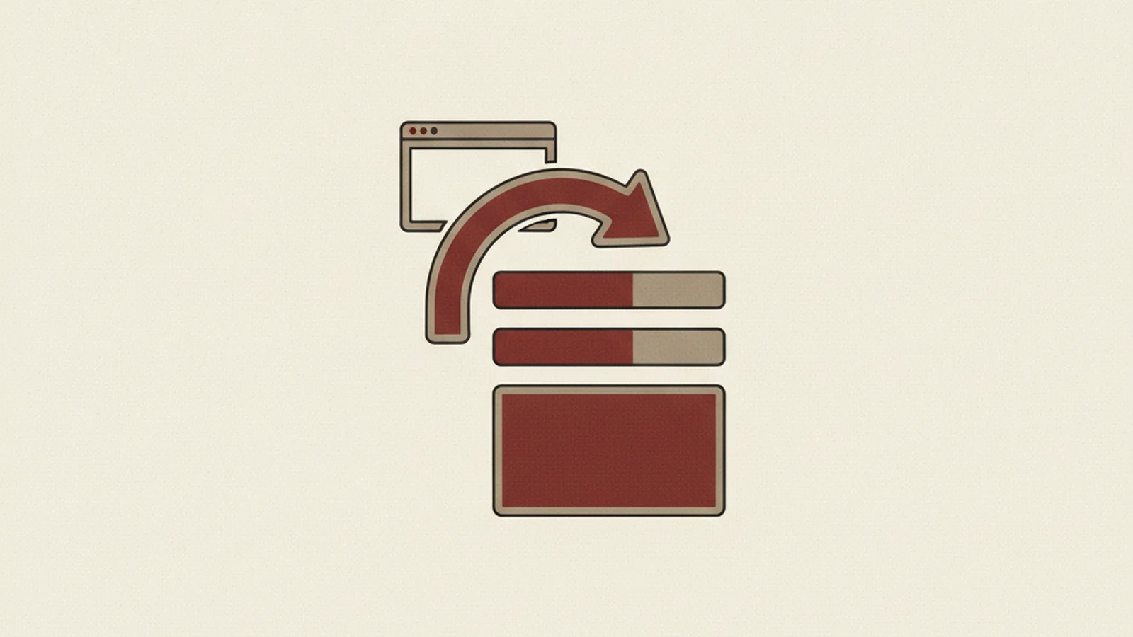 Illustration of an arrow leaping from the top corner of a page over a stack of navigation bars straight to the main content, in an oxblood and cream editorial style