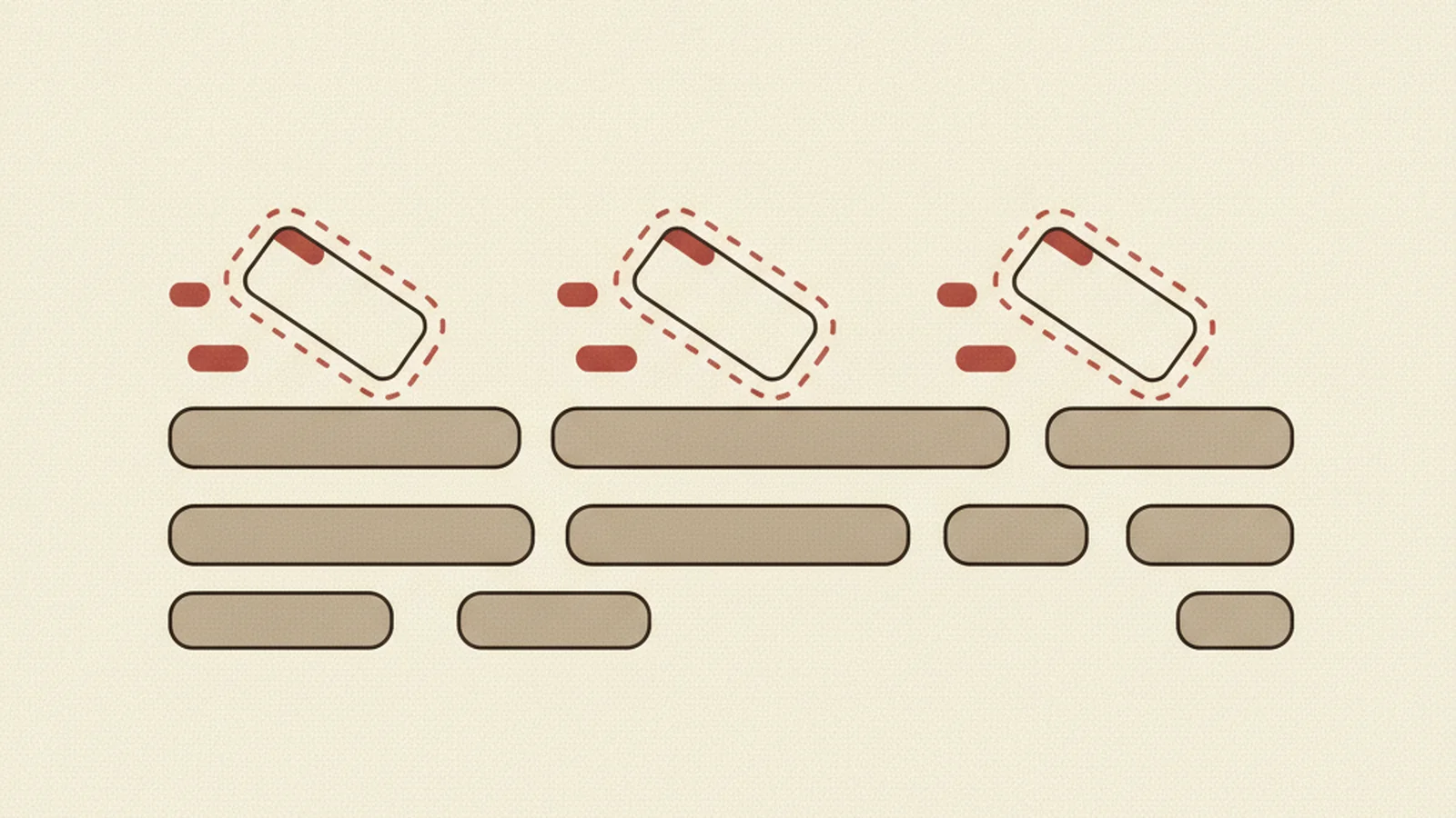 Illustration of a keyboard tab key with a dashed focus ring hopping across a sequence of UI element shapes