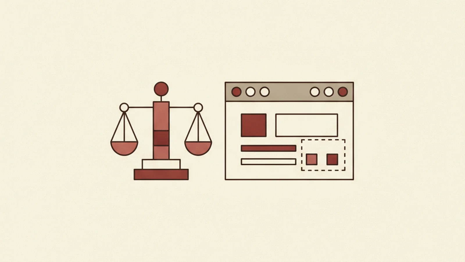 Illustration of a scales-of-justice icon beside a browser window with a dashed focus-ring outline on one element