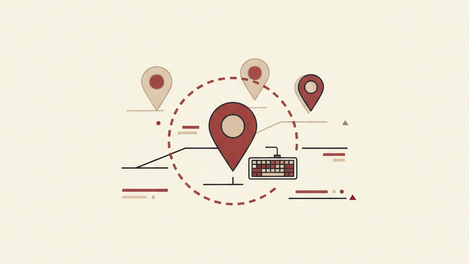 An oxblood and cream editorial illustration of a map with four property pin markers, one highlighted with a dashed focus ring and a small keyboard icon beside it.