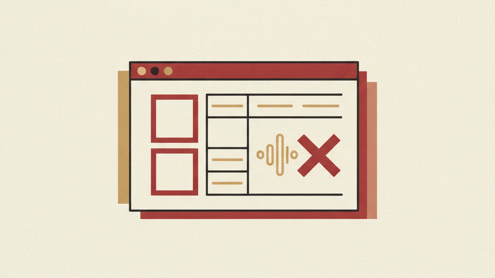 An oxblood and cream editorial illustration of an email envelope built from an image-heavy table layout, with a soundwave icon crossed out beside the images.