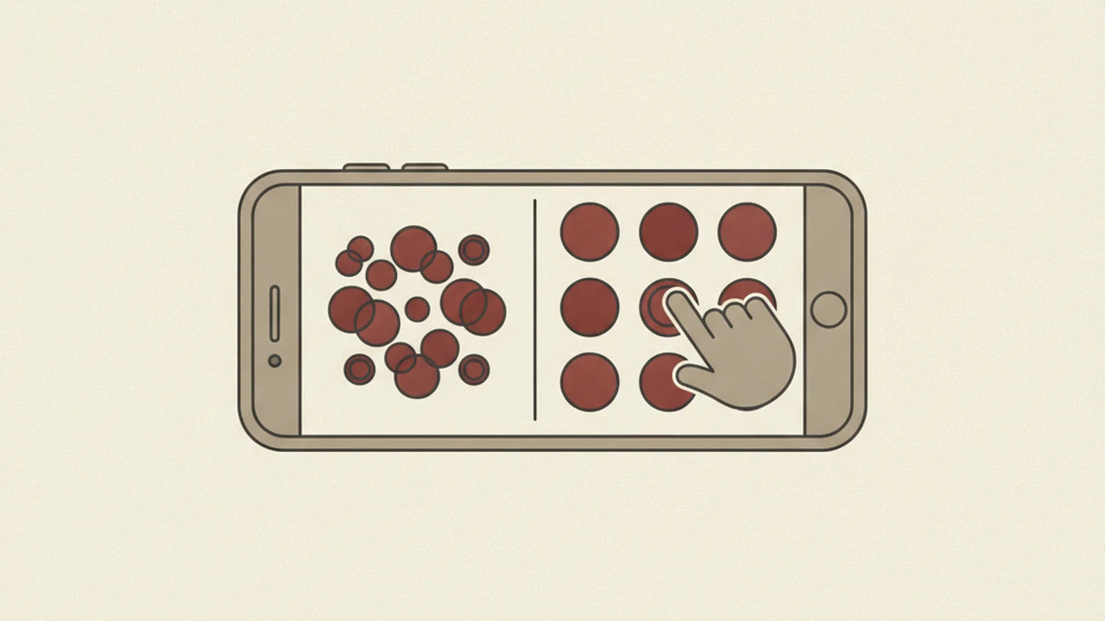 Illustration of a smartphone screen contrasting cramped overlapping buttons with spaced-out larger buttons and a thumb pressing one