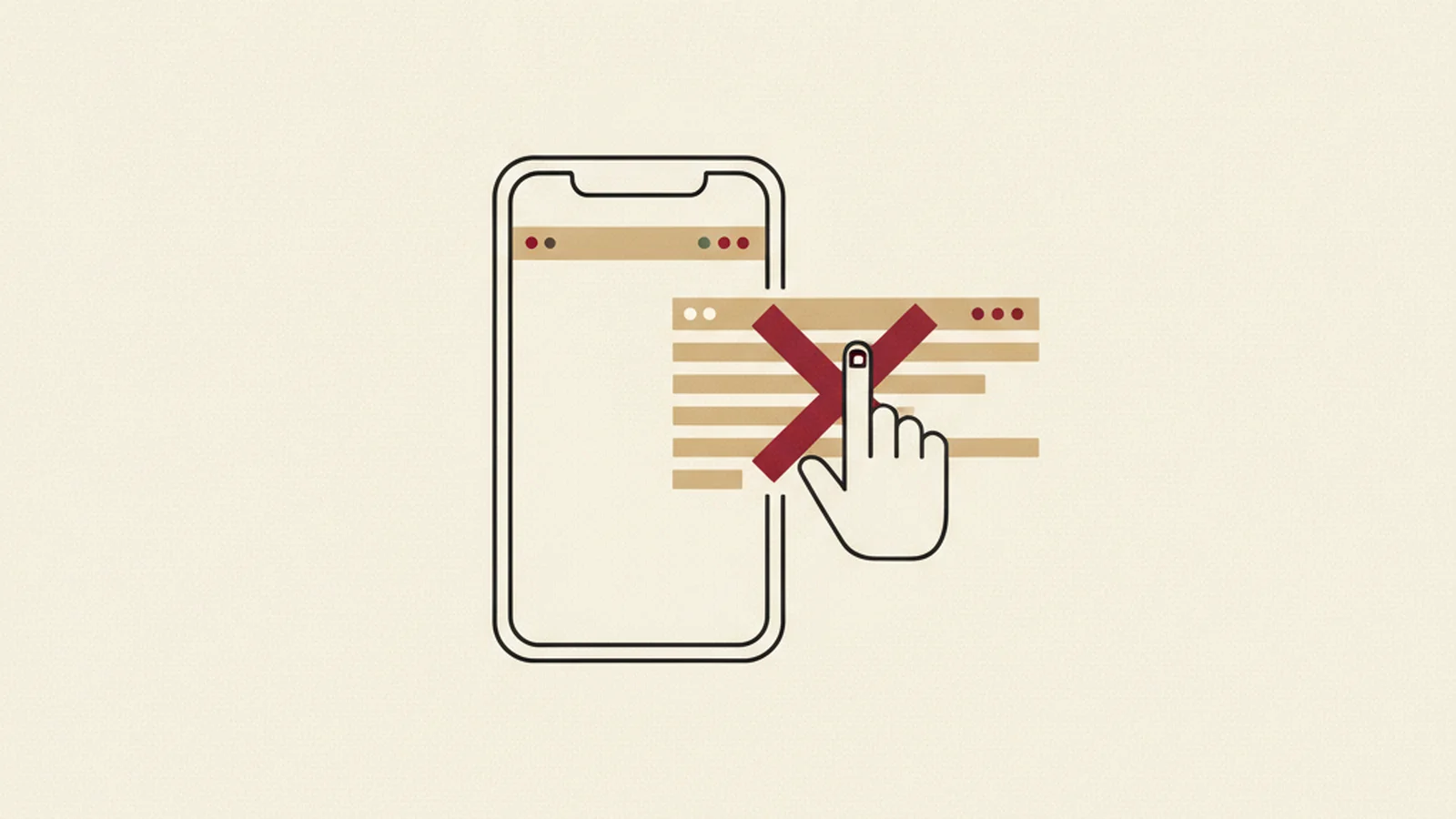 An oxblood and cream editorial illustration of a phone screen with content overflowing past its right edge and a pinch-zoom icon crossed out beside it.