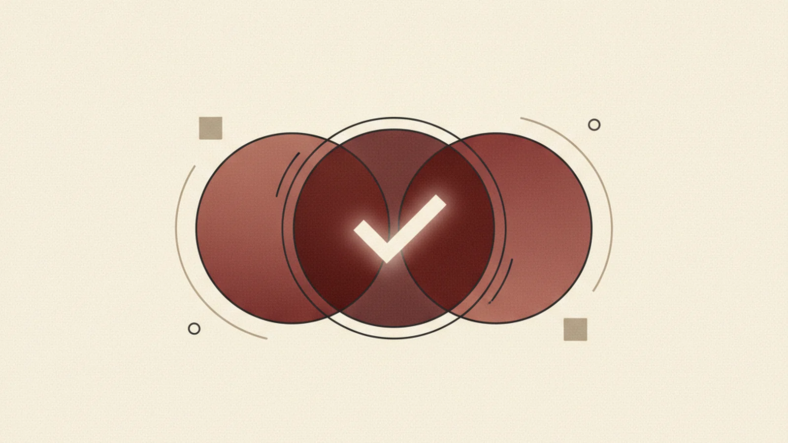 Illustration of three overlapping circles merging into one larger circle with a glowing checkmark in the center