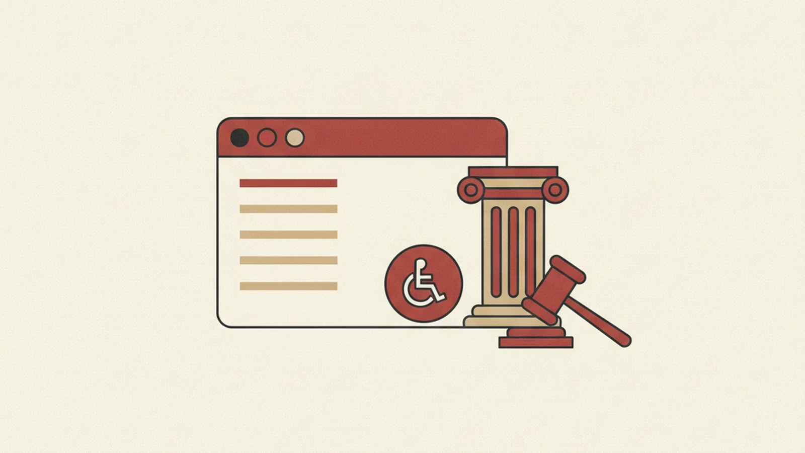 Oxblood and cream editorial illustration of a browser window with an overlay widget icon being stamped as a legal exhibit