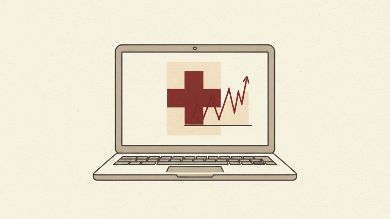 Illustration of a laptop screen with a medical-cross portal layout and a small upward-spiking line graph beside it