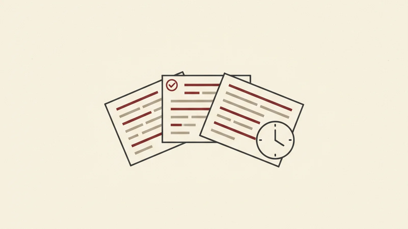 Illustration of a fanned stack of presentation slide cards with a checkmark badge and a clock showing a short time, in an oxblood and cream editorial style