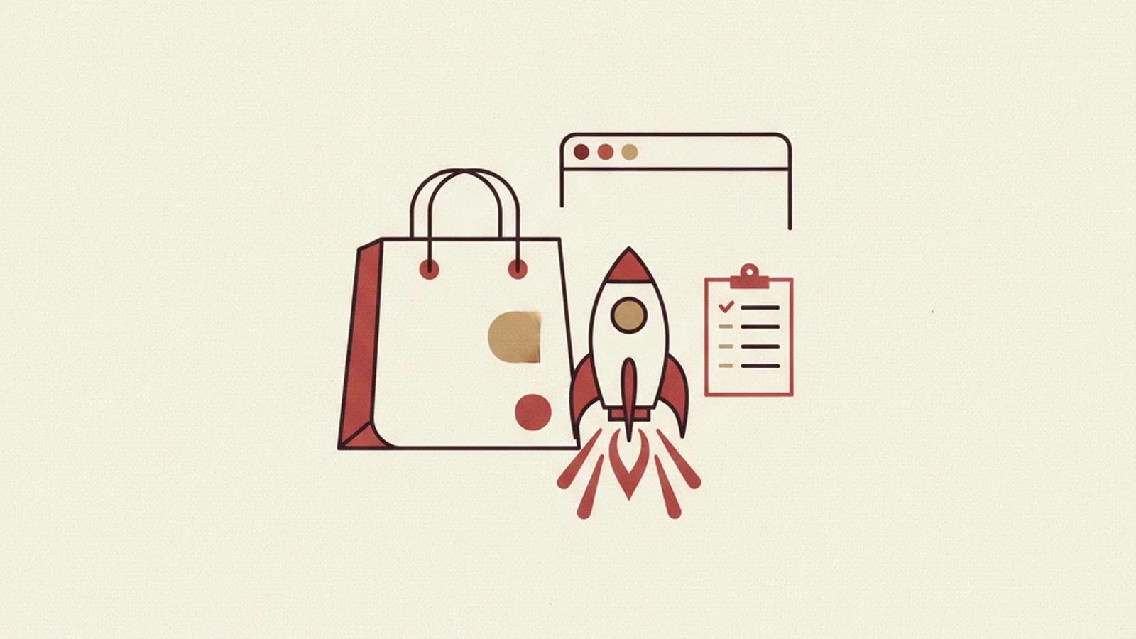 An oxblood and cream editorial illustration of a launch countdown screen with a checklist of six accessibility items beside a rocket icon.