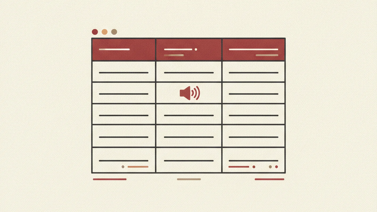 An oxblood and cream editorial illustration of a pricing table with its header row highlighted and a small soundwave icon beside a data cell, suggesting a screen reader reading it aloud.
