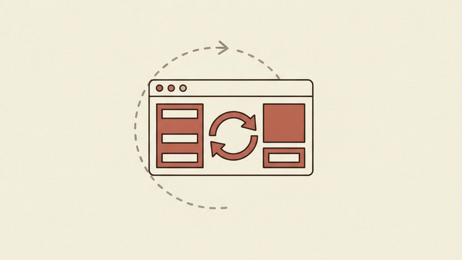 Illustration of a browser window with a looping refresh arrow between two panel layouts and a focus ring caught mid-loop
