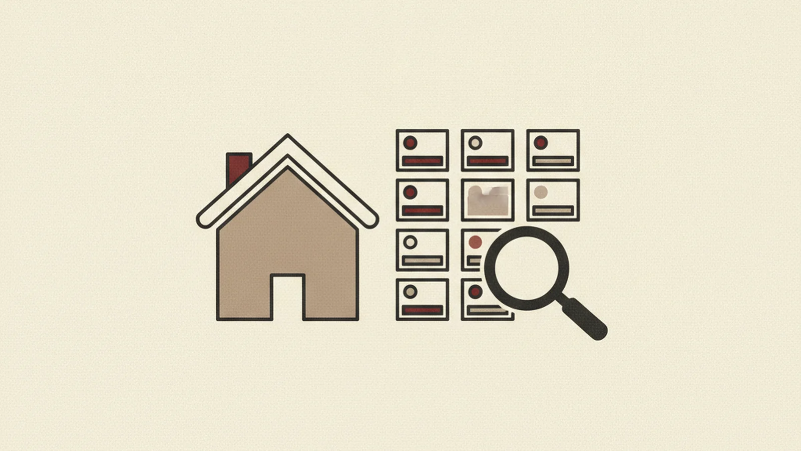 Illustration of a house icon beside a grid of photo thumbnails with a magnifying-glass search icon overlapping them