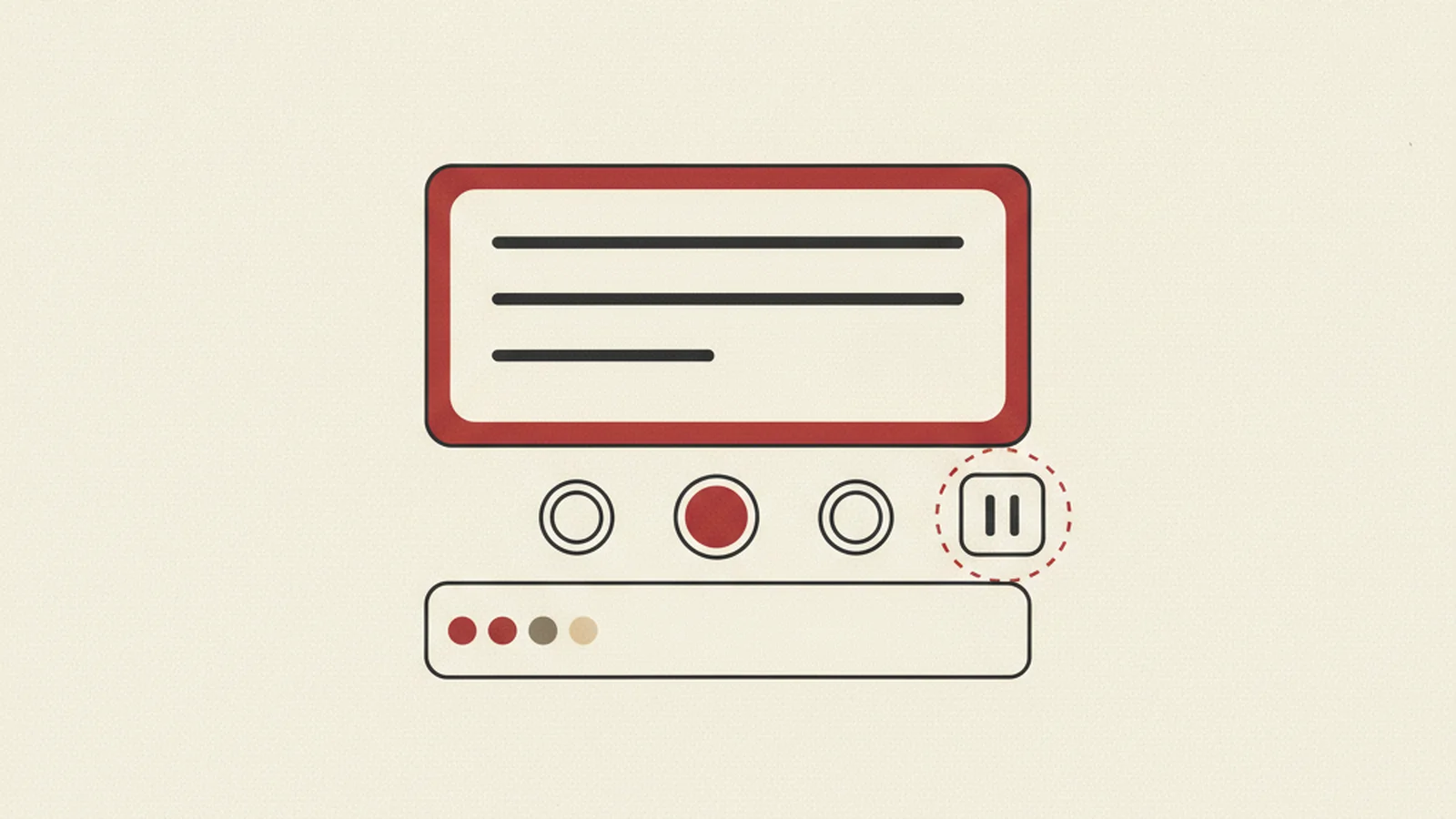 An oxblood and cream editorial illustration of a carousel's slide-dot indicators with a pause button added beside them and a dashed focus ring around it.