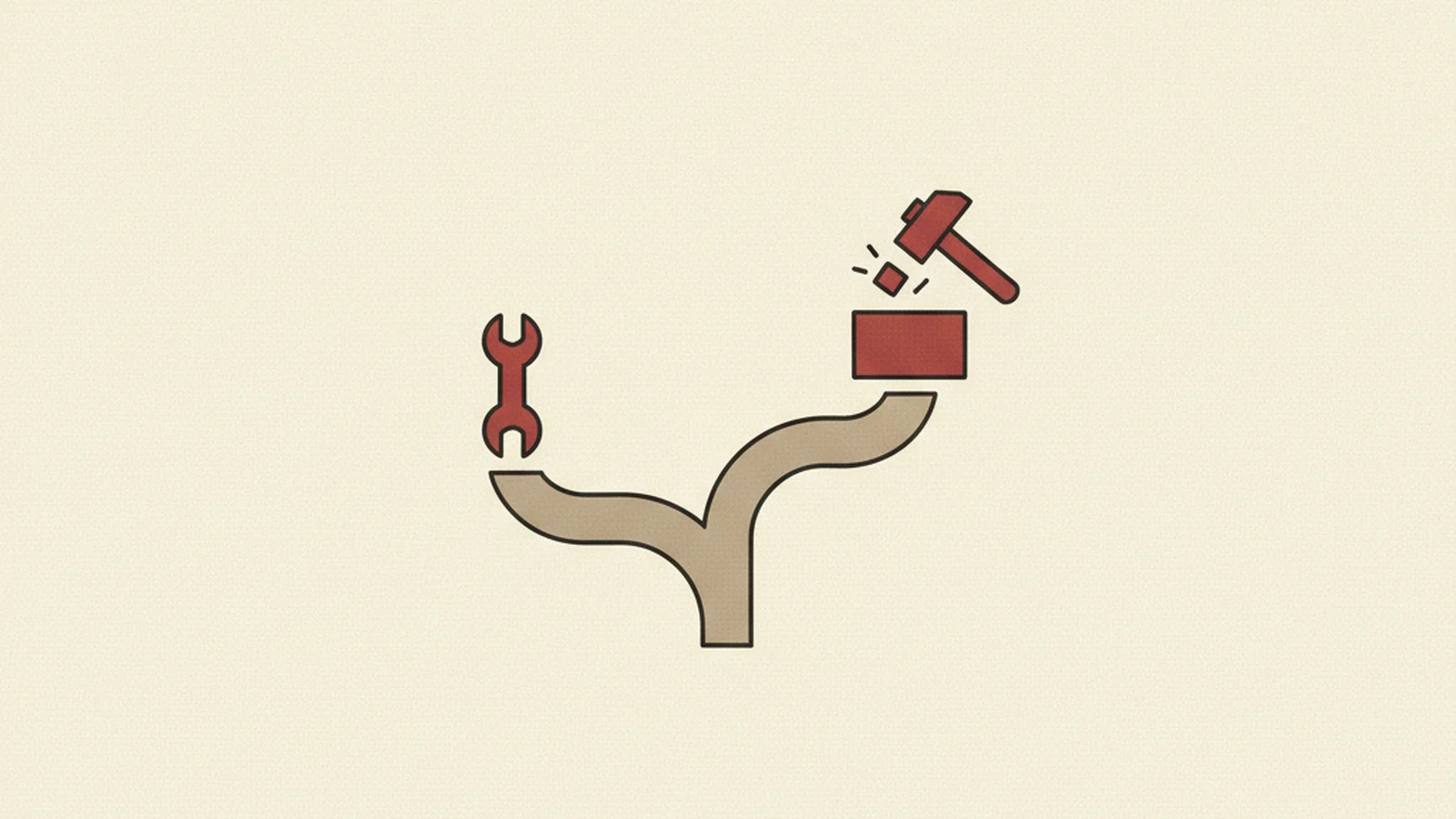 Illustration of a forked path leading to a wrench icon on one side and a hammer-and-block icon on the other