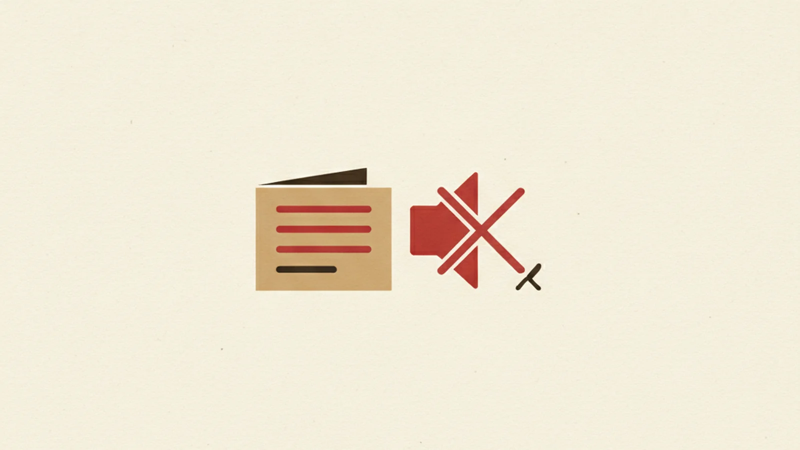 Illustration of a folded menu card beside a faded crossed-out speaker icon and a small fork-and-knife icon