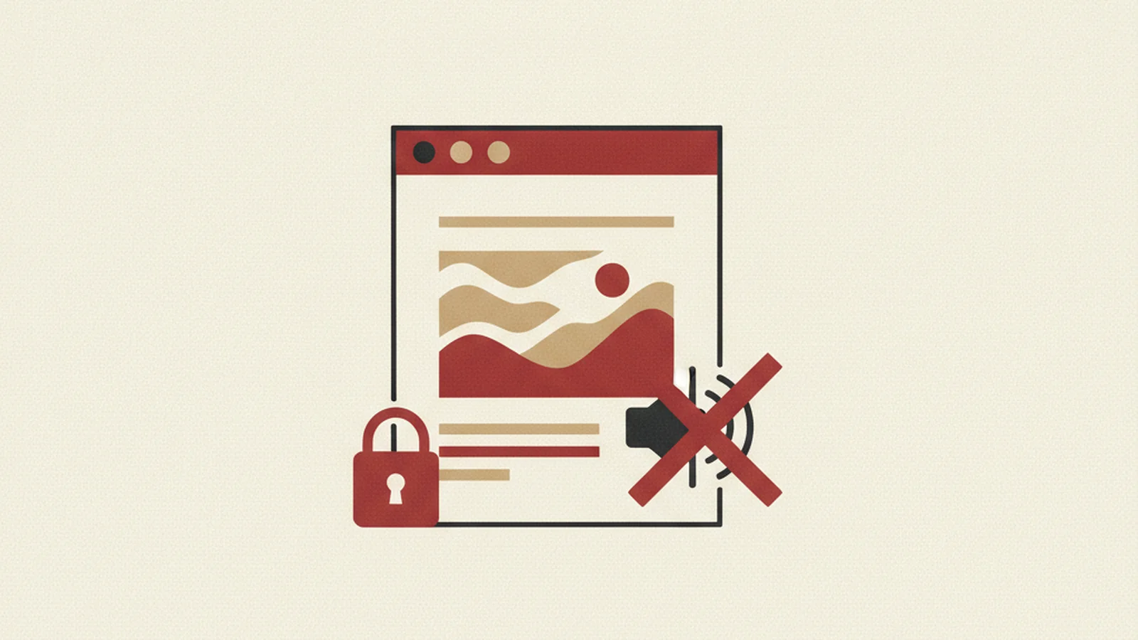 An oxblood and cream editorial illustration of a scanned document icon with blurred wavy lines, a padlock, and a soundwave icon crossed out beside it.