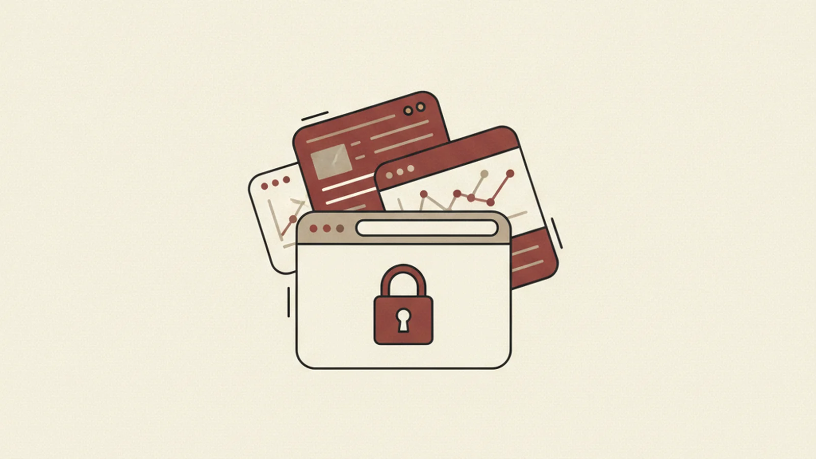 Illustration of a browser window with a padlock overlapping it in front of a stack of layered dashboard panels