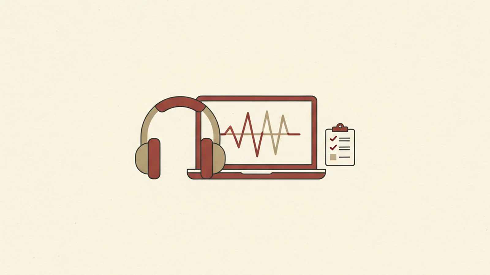 Illustration of a headphone icon beside a laptop screen with sound-wave lines and a small checklist icon